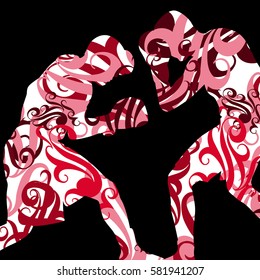 Boxing active young men box sport silhouettes vector abstract mosaic graphic background illustration