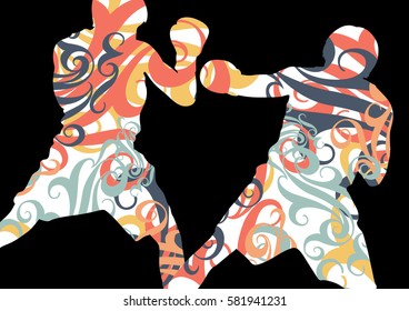 Boxing active young men box sport silhouettes vector abstract mosaic graphic background illustration