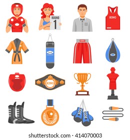 Boxing ammunition flat color icons set  of clothes elements training equipment and championship prizes isolated vector illustration 