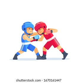 Boxing among boxer children. Kids boxing, kickboxing children. Children fight with these adult emotions. Popularization of sports and healthy lifestyle. Vector illustration of boxing isolated on white