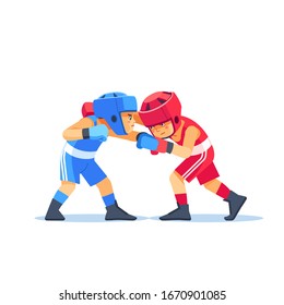 Boxing among boxer kids. Boys boxing, kickboxing children. Popularization of sports and healthy lifestyle. Vector illustration of boxing isolated on white