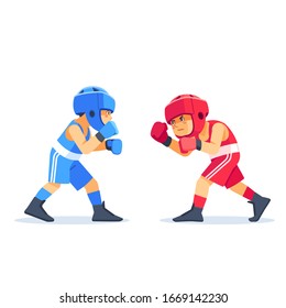 Boxeo entre niños. Niños boxeando, niños kickboxing. Los niños pelean con estas emociones adultas. Popularización de deportes y estilo de vida saludable. Ilustración vectorial del boxeo aislado en blanco