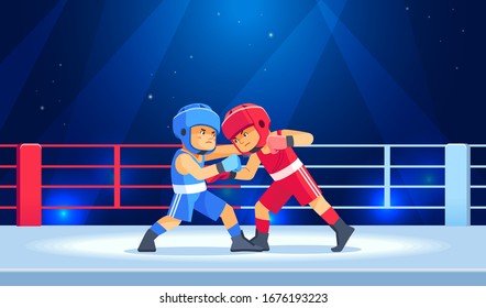 Boxing among children. Kids boxing, kickboxing children. Children fight with these adult emotions. Popularization of sports and healthy lifestyle. Vector illustration of boxing isolated on white