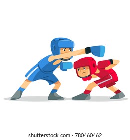 Boxing among children. Kids boxing, kickboxing children. Children fight with these adult emotions. Popularization of sports and healthy lifestyle. Vector illustration of boxing