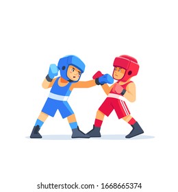 Boxing among kids. Children boxing, kickboxing children. Kids fight with these adult emotions. Popularization of sports and healthy lifestyle. Vector illustration of boxing isolated on white