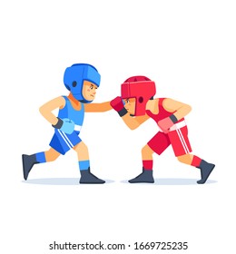 Boxing Among Kids. Children Boxing, Kickboxing Children. Kids Fight With These Adult Emotions. Popularization Of Sports And Healthy Lifestyle. Vector Illustration Of Boxing Isolated On White