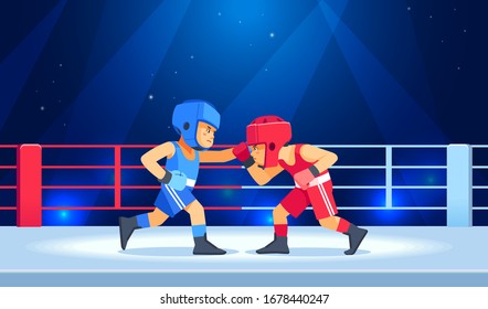 Boxing among kids in the ring. Children's Boxing, kickboxing. Children struggle with these adult emotions. Promoting sports and a healthy lifestyle. Cartoon vector illustration.