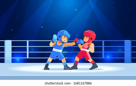 Boxing among kids in the ring. Children's Boxing, kickboxing. Children struggle with these adult emotions. Promoting sports and a healthy lifestyle. Cartoon vector illustration.