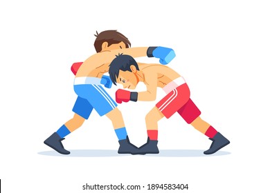 Boxing among young teen. Kids boxing, kickboxing children. Children fight with these adult emotions. Popularization of sports and healthy lifestyle. Vector illustration of boxing isolated on white