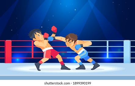 Boxing among young teen. Kids boxing, kickboxing children. Children fight with these adult emotions. Popularization of sports and healthy lifestyle. Vector illustration of boxing isolated on white