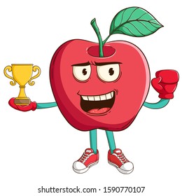 boxing apple fruit cartoon character win the championship with trophy and funny smile face