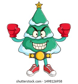Boxing athlete of christmas tree cartoon character with funny smile face