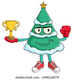 Boxing athlete of christmas tree cartoon character win a trophy with funny smile face