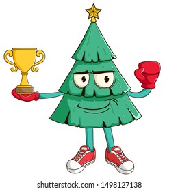 Boxing athlete of christmas tree cartoon character win a trophy