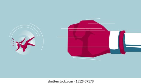 Boxing attack businessman. Isolated on blue background.