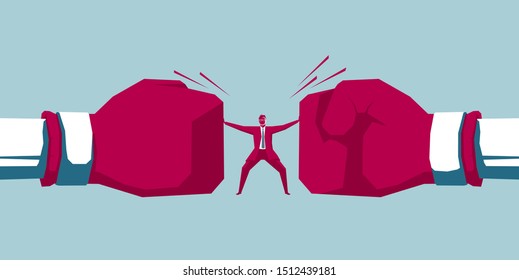 Boxing attack businessman. Isolated on blue background.