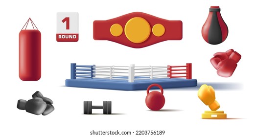 boxing attributes 3d icons of winner belt, ring and punching bags, isolated