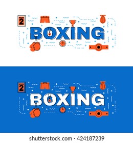Boxing banner, boxing lettering flat line design with icons and elements for book cover, report header, presentation,illustration, infographics, printing, website banner and landing page.
