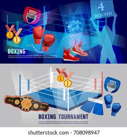 Boxing banner, professional box sport. Boxer, ring, belt, punch bags, gloves, shorts, helmet. Boxing sports concept 