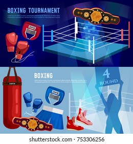 Boxing banner, professional sport. Boxer ring, belt, punch bags, gloves, shorts, helmet. Boxing sports concept 