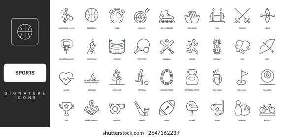 Boxing and basketball, baseball and hockey, golf, jogging thin black outline symbols vector illustration. Sports, team game competition and physical exercise in gym, trophy cup line icon set.