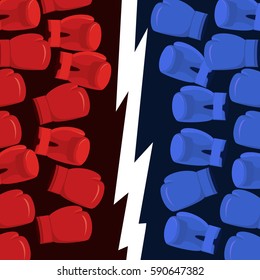 Boxing Battle team. Blue vs Reds. Gloves hit hitting. Poster for sporting tournament