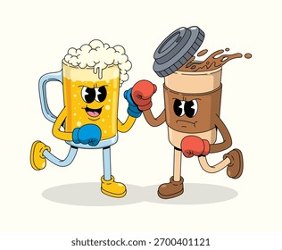 boxing beer vs coffee character groovy cartoon illustration