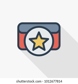 boxing belt award, star medal thin line flat color icon. Linear vector illustration. Pictogram isolated on white background. Colorful long shadow design.