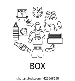 Boxing black linear icons set on chalkboard background, boxer figure,  Vector illustration
