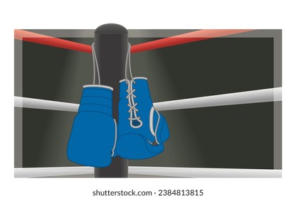 boxing blue laced-up gloves hanging on post with boxing ring in the background