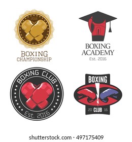 Boxing, box club set of vector icons, logo, symbol, emblem, signs. Nonstandard design elements with boxing gloves for club, school, training