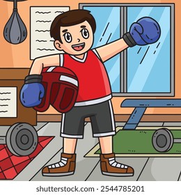 Boxing Boxer Holding Headgear Colored Cartoon 