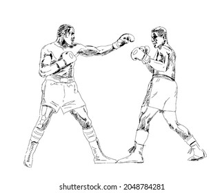 Boxeo. Los boxeadores están luchando contra un duelo aislado en un fondo blanco. Gráficos en blanco y negro. Ilustración vectorial dibujada