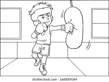 Boxing Boy With Punching Bag Vector 