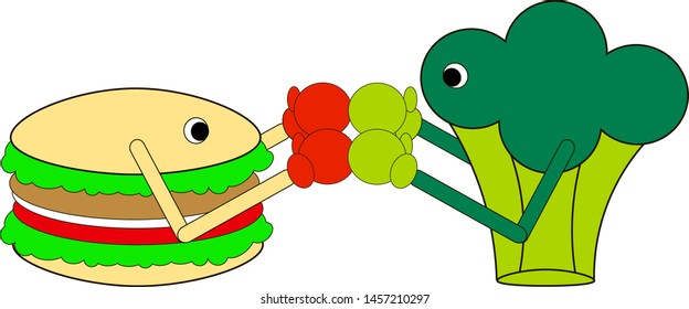 Boxing broccoli andburger. Proper nutrition and fast food. 