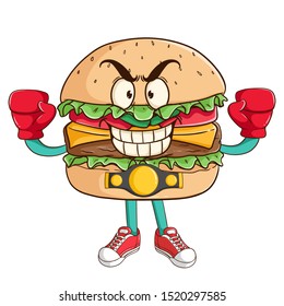 boxing burger cartoon character win the championship with funny smile face