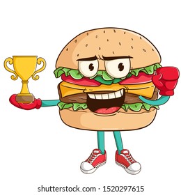 boxing burger cartoon character win the championship with trophy and funny smile face