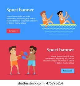 Boxing and canoe rowing sports banners. Two man in sports shorts and boxing gloves. Two man in sports uniform rowing in canoe on river. Species of event. Summer games background.