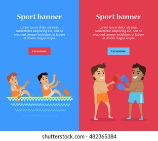 Boxing and canoe rowing sports banners. Two man in sports shorts and boxing gloves. Two man in sports uniform rowing in canoe on river. Species of event. Summer games background.