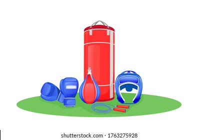 Boxing center flat concept vector illustration. Gym to exercise. Kickboxing event. Fighter practice. Sports equipment 2D cartoon objects for web design. Professional training club creative idea