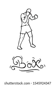 Boxing champ standing and ready to fight simple drawing. Box is a fighting sport illustration. Man boxer training outline drawing with letters text. Fighter silhouette hand drawn vector. Person sketch