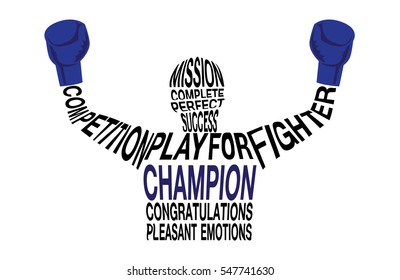 Boxing champion celebrating victory with raised arms. Illustration from wording concept about success.