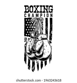 Boxing champion. Boxing gloves on american flag background. Design element for poster, card, t-shirt print, banner. Vector illustration