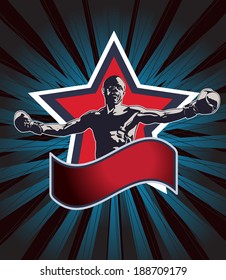 Boxing champion icon or emblem showing a triumphant boxer with outstretched arms standing in front of a star with a red banner below with copy space on a background of radiating blue beams