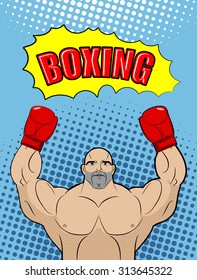 Boxing champion  style of pop art with the babble box. Athlete raised his hands in a victory gesture. Man in gloves on a blue background. Vector illustration sports fighter. 