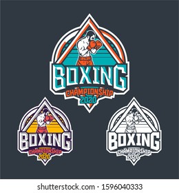 Boxing championship 2020 retro badge logo emblem design with boxer illustration pack