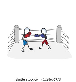 Boxing championship. Combat sports. Fight on the ring. Hand drawn. Stickman cartoon. Doodle sketch, Vector graphic illustration