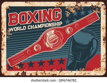 Boxing championship metal plate rusty, kickboxing or MMA fight club vector retro poster. Boxing champion belt award prize and punching glove, martial arts tournament sign or metal plate with rust svg