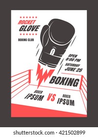 Boxing championship poster template design. Glove rocket. Powerful punch. Vector illustration