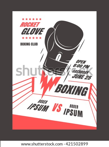 Boxing championship poster template design. Glove rocket. Powerful punch. Vector illustration